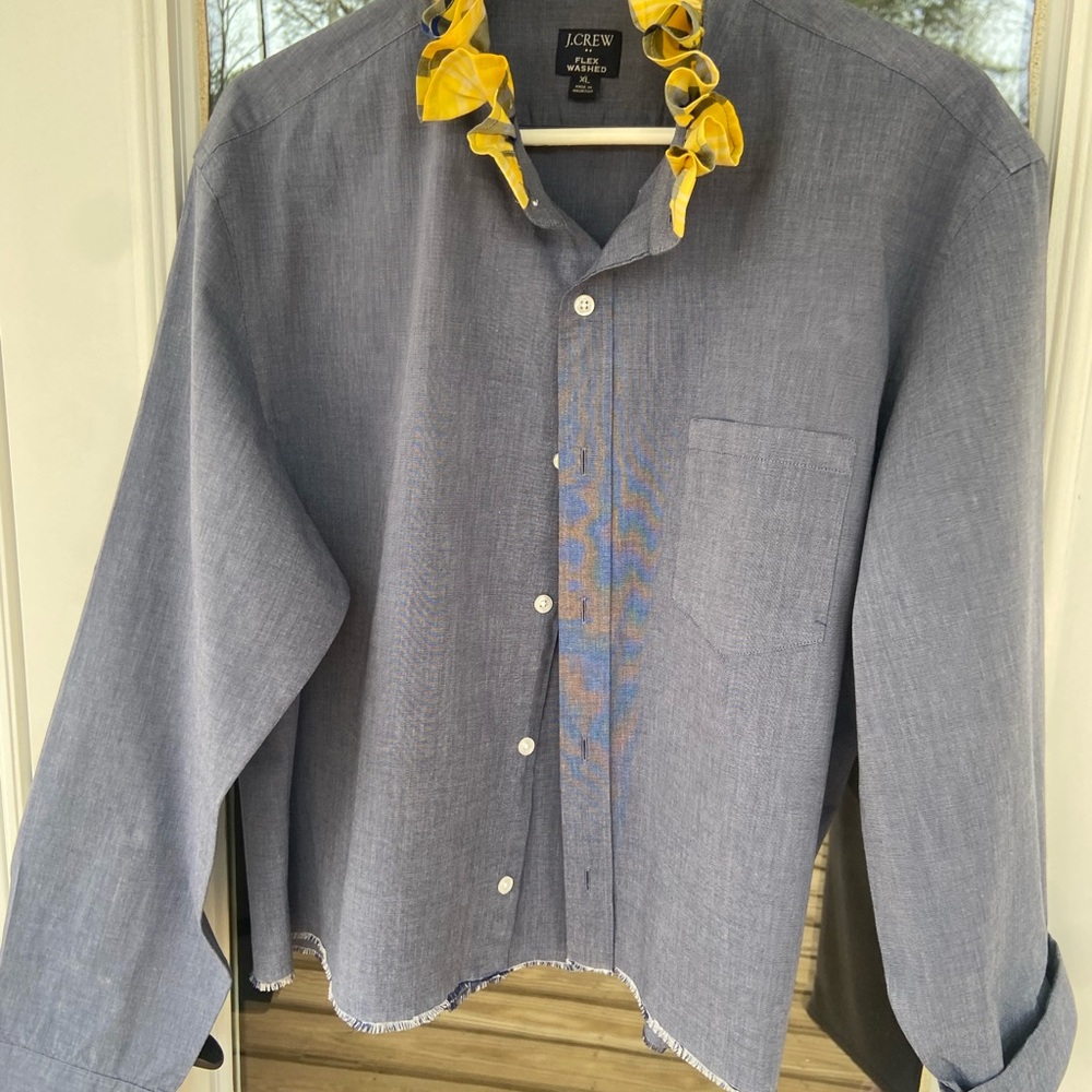J.Crew Blue Button-Up Shirt with Yellow Plaid Trim
